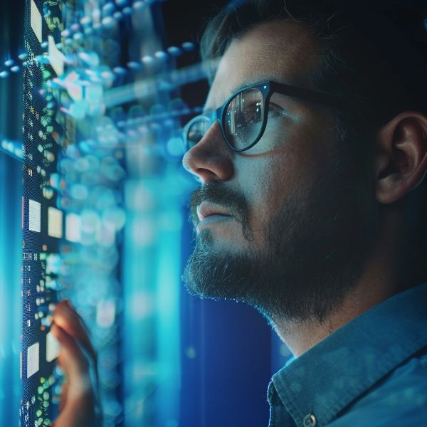 A man with glasses and a beard, in a blue shirt, gazes intently at glowing, abstract digital data displayed on a dark background.