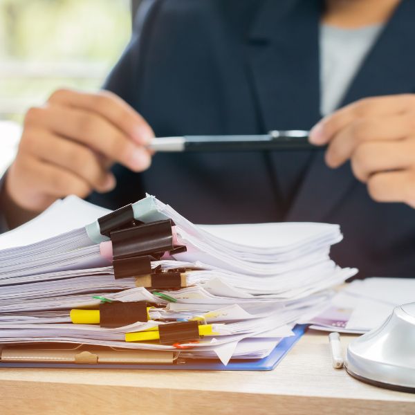 A person in a suit sits at a desk, holding a pen, and looks at a tall stack of paper documents.