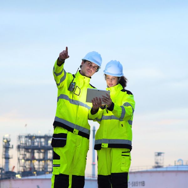Two surveyors in high-vis vests and hard hats review data on a tablet at a large industrial site at dusk.