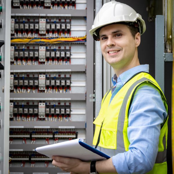 Smiling technician in a hard hat and high-vis vest holding a clipboard in front of an open electrical control panel.